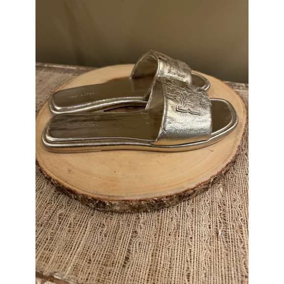 Tory Burch Double T Sport Slide Leather Sandals Gold Spark Sz-9.5 298$ - Picture 8 of 14